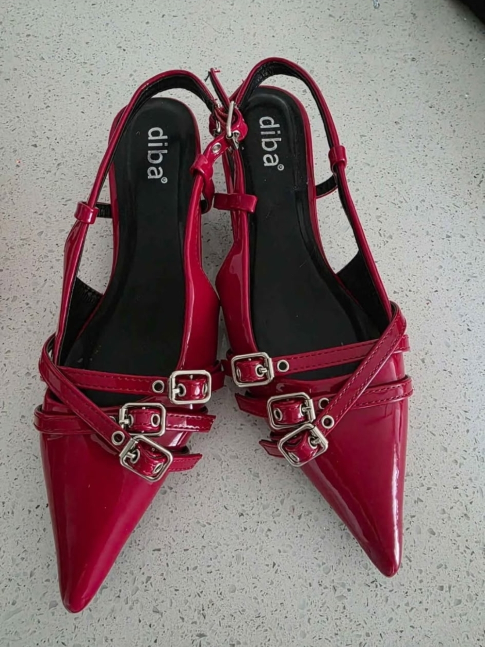 ❣️Diba Red Patent Pointed Slingback Flats with Buckle Straps Womens Heels